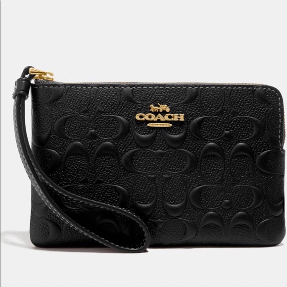 Coach Corner Zip Wristlet Signature Leather Black